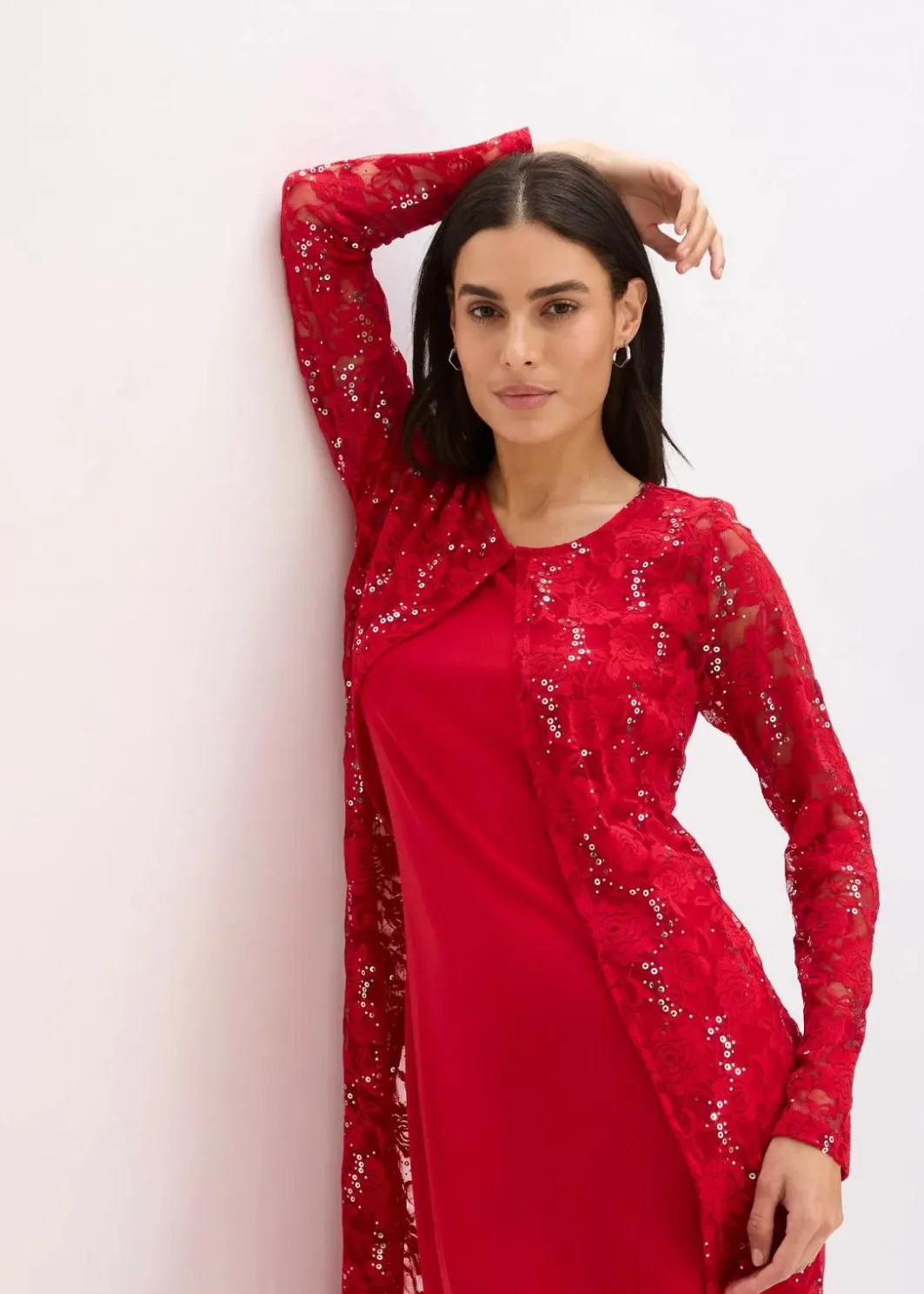 Damen bonprix Kleider|Bekleidung·Pullover & Strickjacken|Kleid mit Spitze (2-tlg. Set)