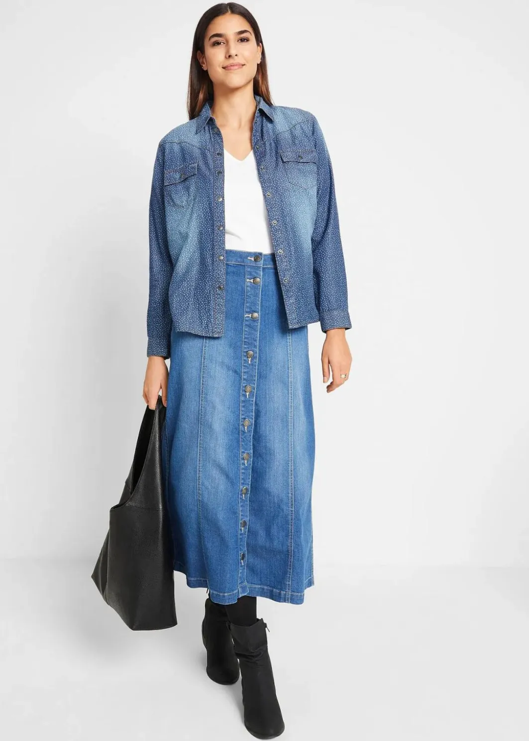 Damen bonprix Bekleidung·Sportbekleidung|Röcke|Komfort-Stretch-Jeansrock, Midi-Länge