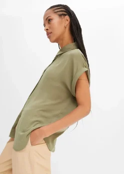 Damen bonprix Blusen & Tuniken|Nachhaltigere Materialien|Kurzarmbluse mit recyceltem Polyester