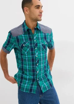 Herren bonprix Große Größen|Hemden|Kurzarmhemd mit Denim-Besatz