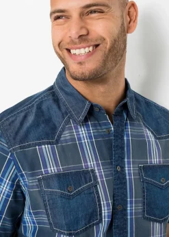 Best Kurzarmhemd mit Denimbesatz aus reiner Bio-Baumwolle Herren Große Größen|Hemden