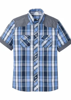 Herren bonprix Hemden|Große Größen|Kurzarmhemd mit Denim-Besatz