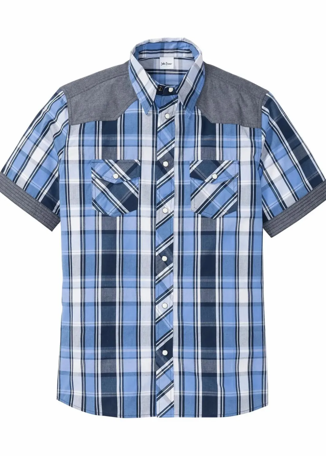Herren bonprix Hemden|Große Größen|Kurzarmhemd mit Denim-Besatz