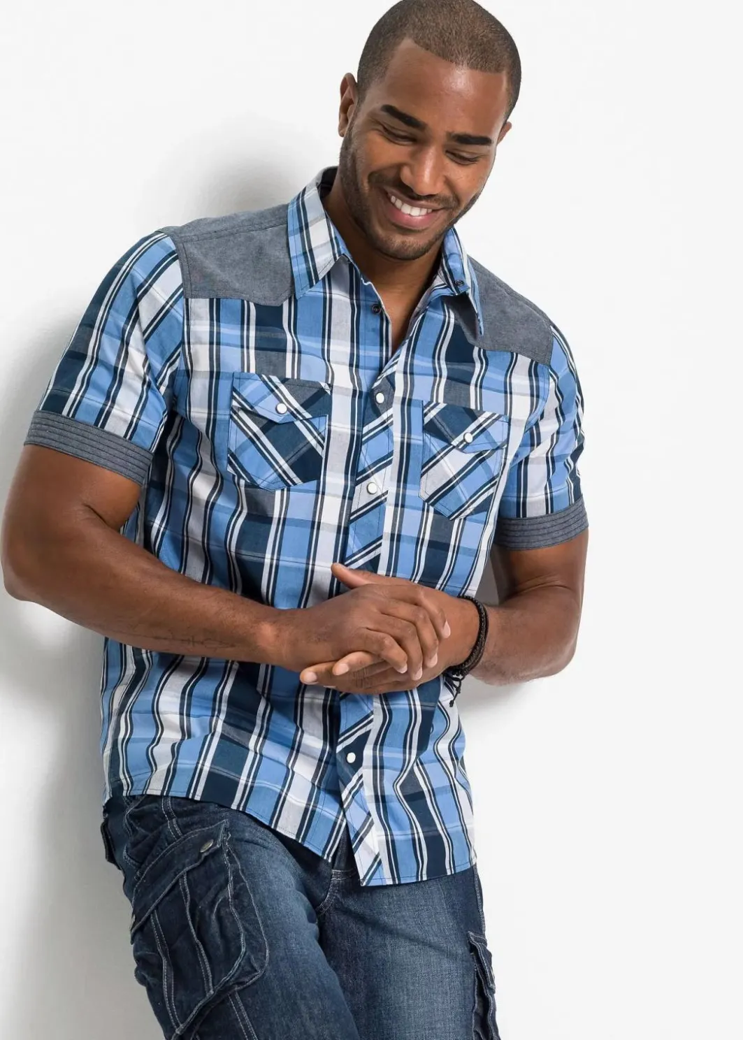 Herren bonprix Hemden|Große Größen|Kurzarmhemd mit Denim-Besatz