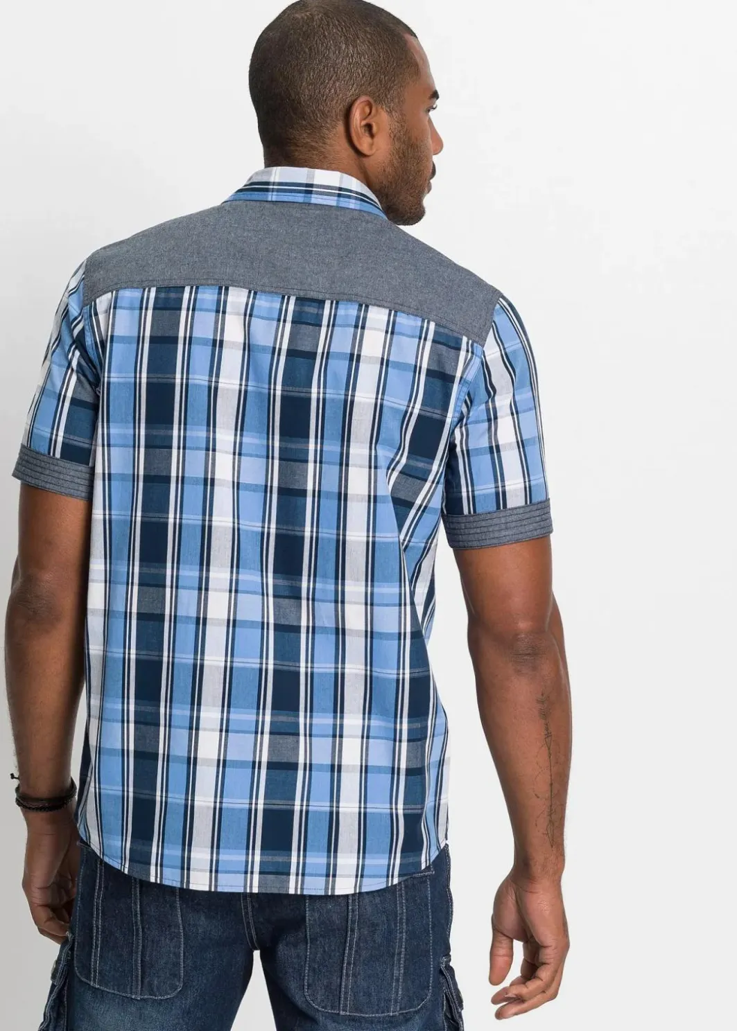 Herren bonprix Hemden|Große Größen|Kurzarmhemd mit Denim-Besatz