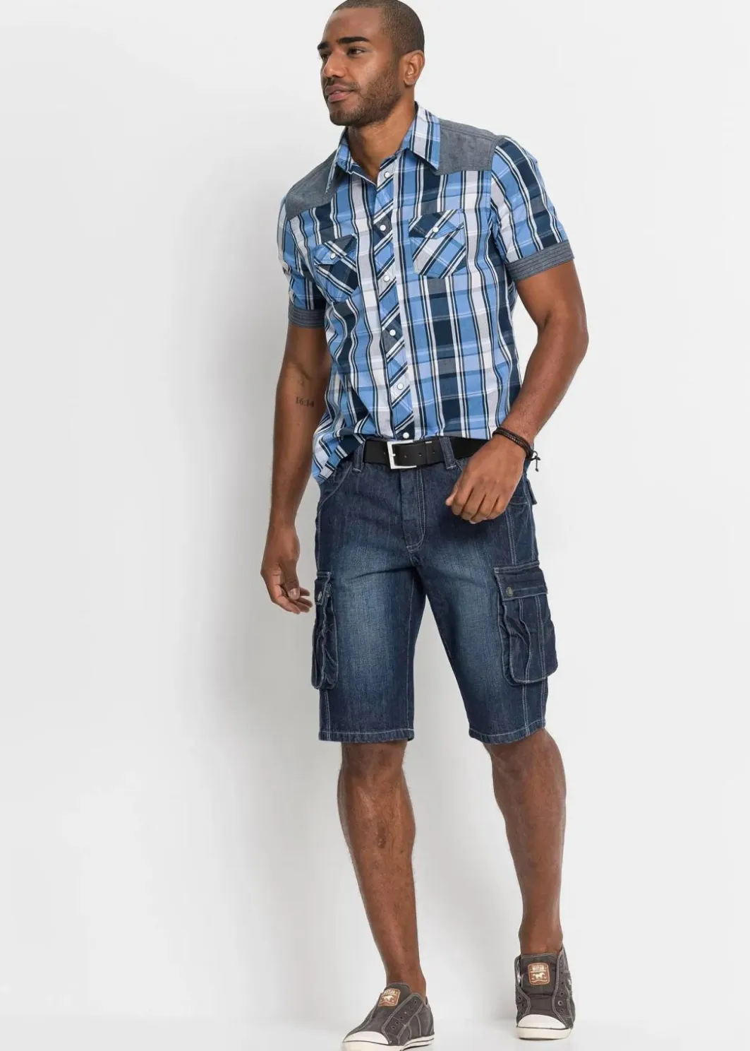 Herren bonprix Hemden|Große Größen|Kurzarmhemd mit Denim-Besatz