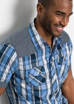 Herren bonprix Hemden|Große Größen|Kurzarmhemd mit Denim-Besatz