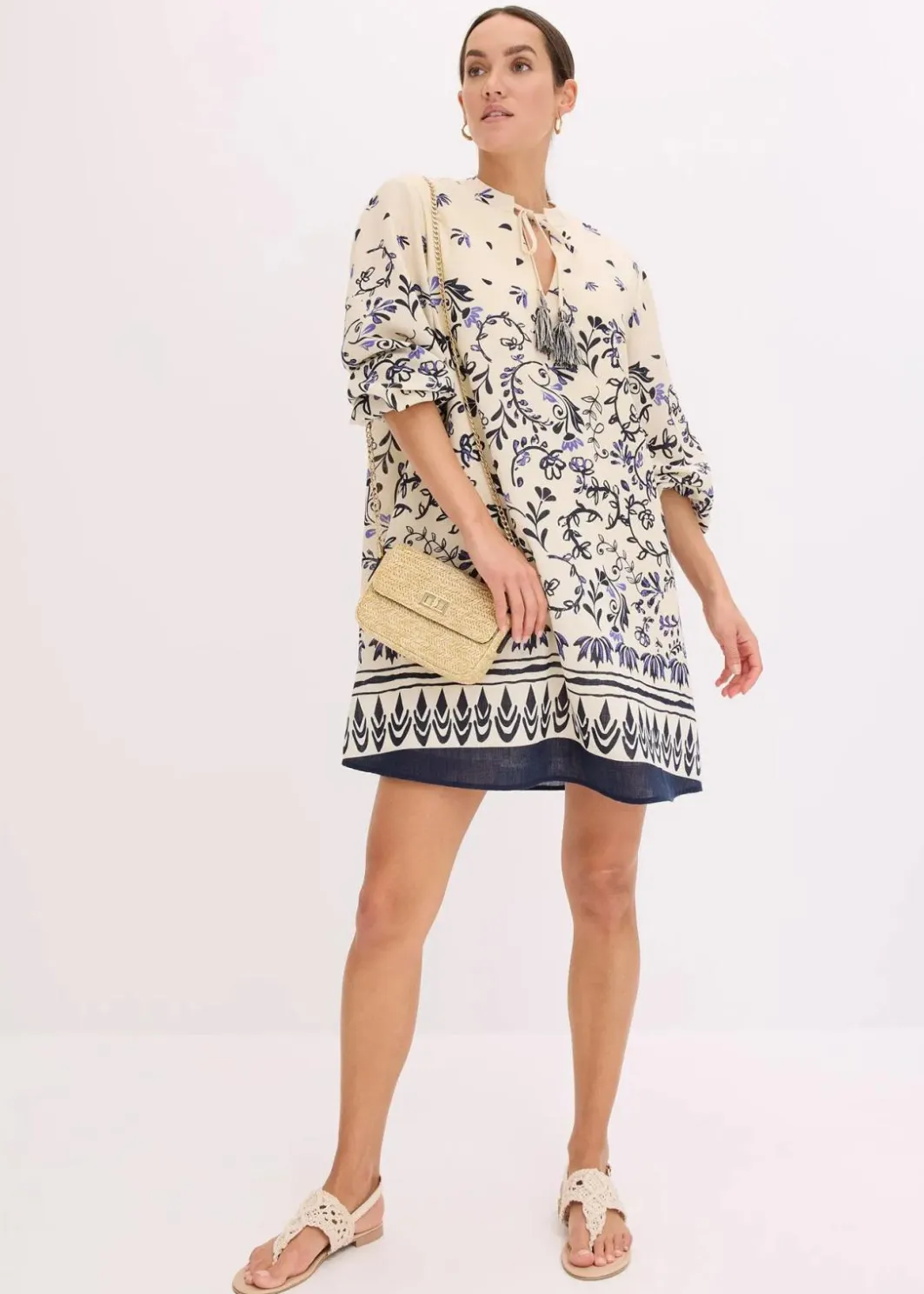 Damen bonprix Bekleidung·Pullover & Strickjacken|Kleider|Kurzes Boho-Kleid im Leinen-Look