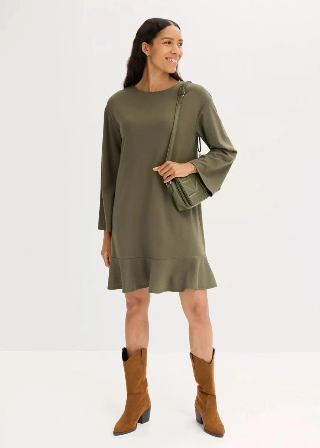 Damen bonprix Kleider|Bekleidung·Pullover & Strickjacken|Kurzes Kleid mit Volant aus Punto di Roma