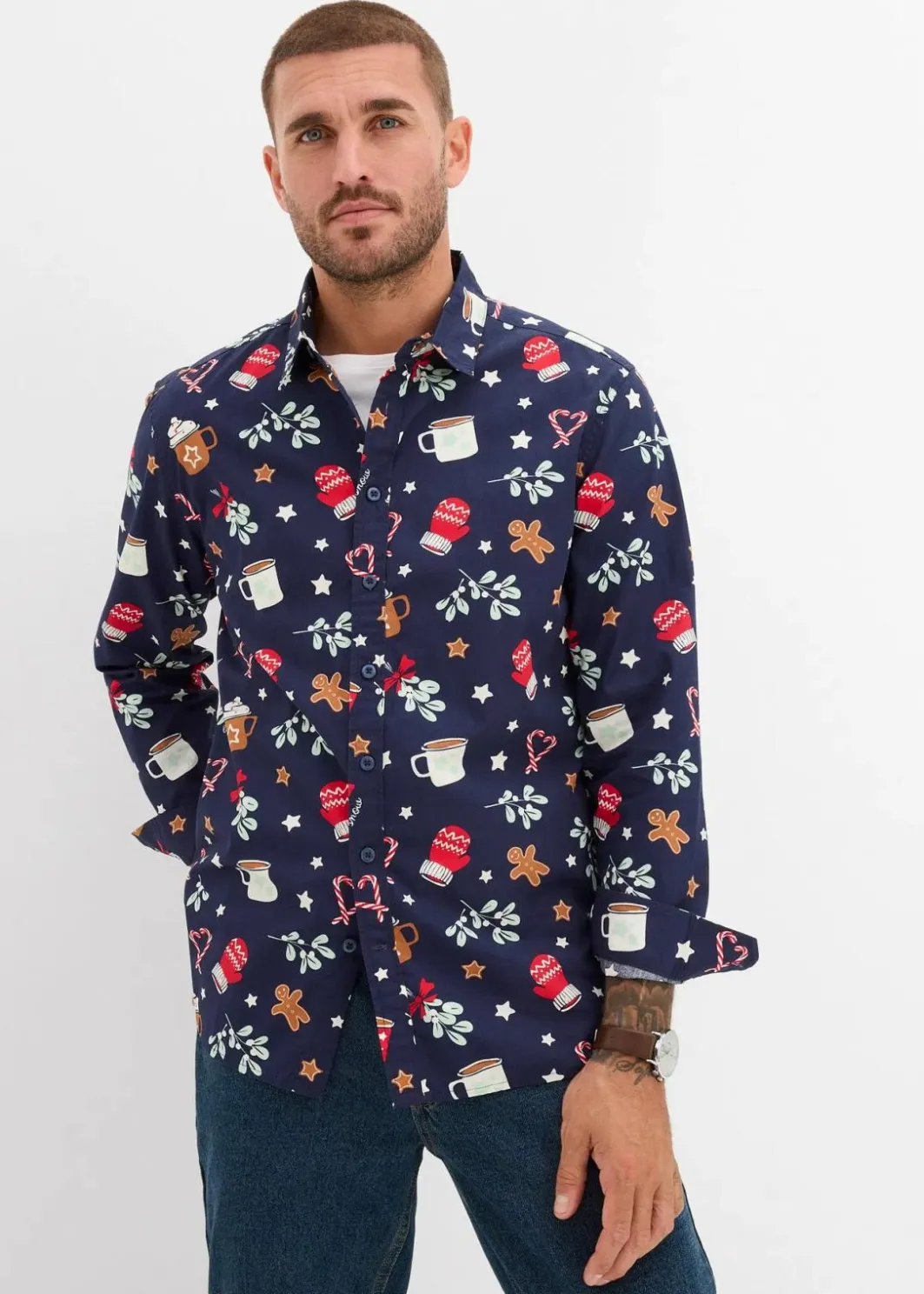 Herren bonprix Große Größen|Hemden|Langarmhemd mit Weihnachtsmotiv aus reiner Baumwolle