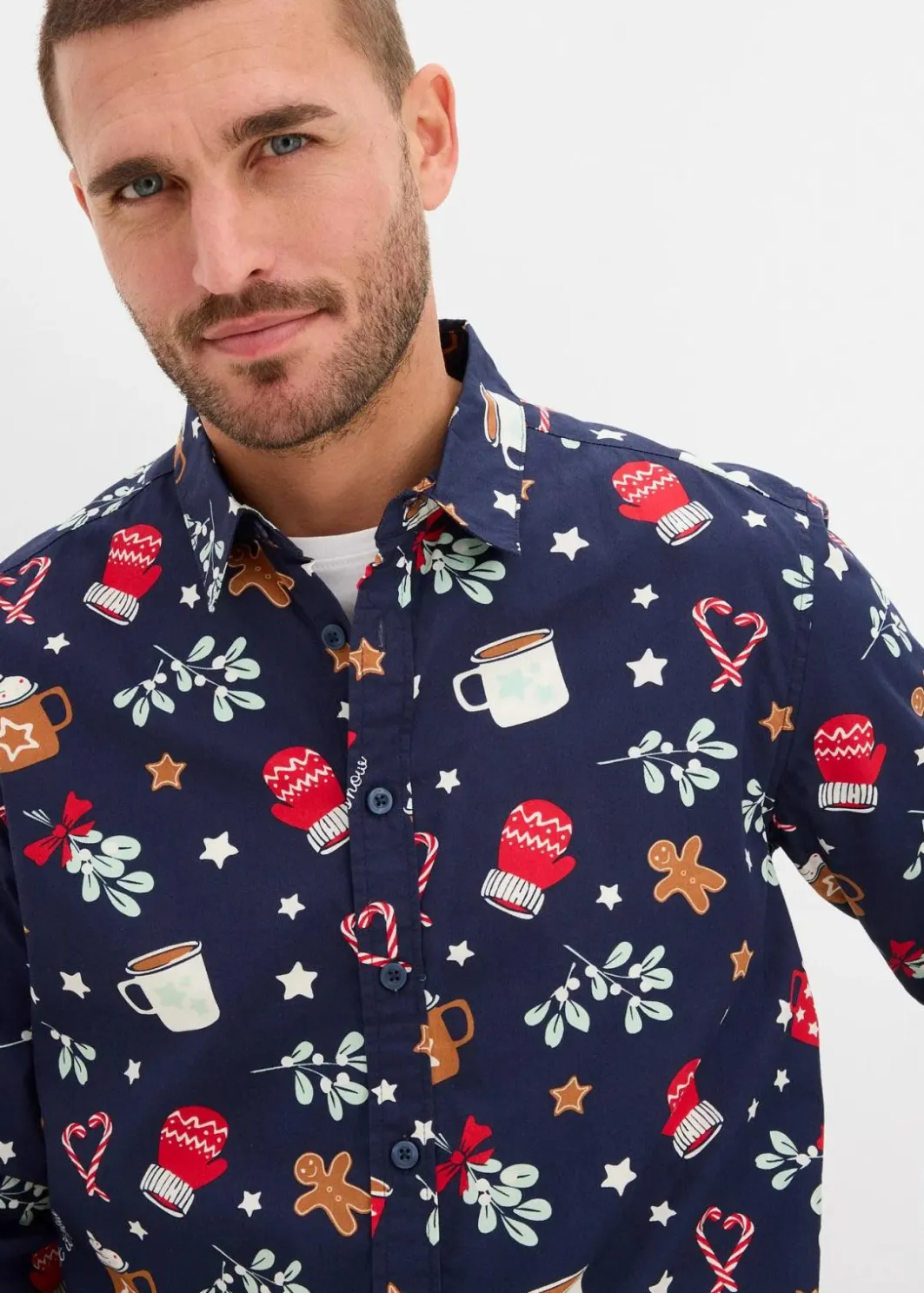 Herren bonprix Große Größen|Hemden|Langarmhemd mit Weihnachtsmotiv aus reiner Baumwolle