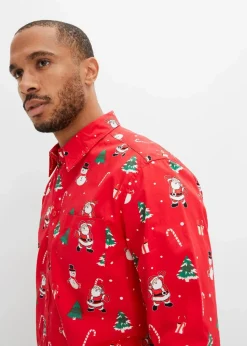 New Langarmhemd mit Weihnachtsmotiv aus reiner Baumwolle Herren Hemden|Große Größen