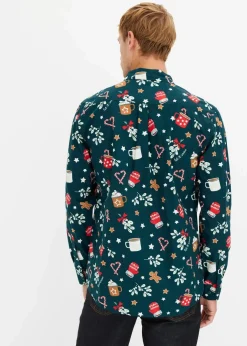 Herren bonprix Hemden|Große Größen|Langarmhemd mit Weihnachtsmotiv aus reiner Baumwolle