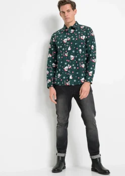 Sale Langarmhemd mit Weihnachts-Druck aus reiner Baumwolle, Slim Fit Herren Große Größen|Hemden
