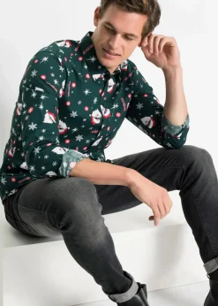 Sale Langarmhemd mit Weihnachts-Druck aus reiner Baumwolle, Slim Fit Herren Große Größen|Hemden