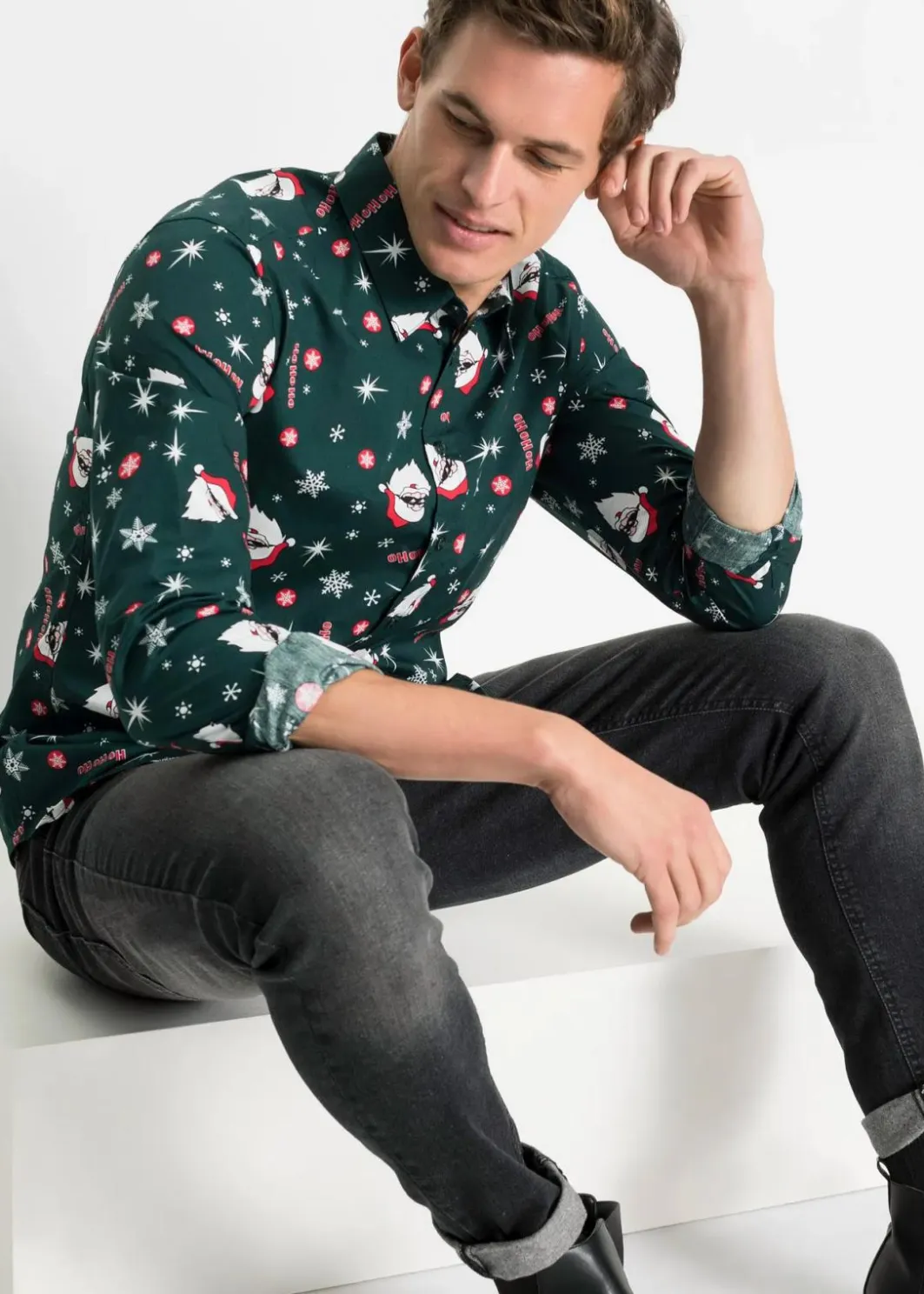 Sale Langarmhemd mit Weihnachts-Druck aus reiner Baumwolle, Slim Fit Herren Große Größen|Hemden