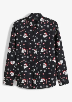 Outlet Langarmhemd mit Weihnachts-Druck aus reiner Baumwolle, Slim Fit Herren Hemden|Große Größen