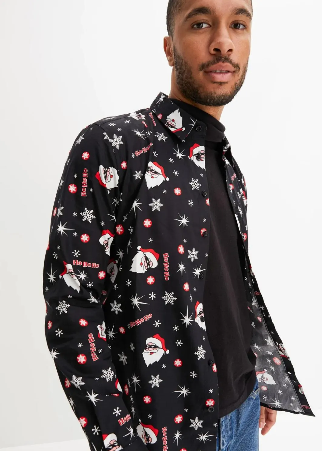Outlet Langarmhemd mit Weihnachts-Druck aus reiner Baumwolle, Slim Fit Herren Hemden|Große Größen