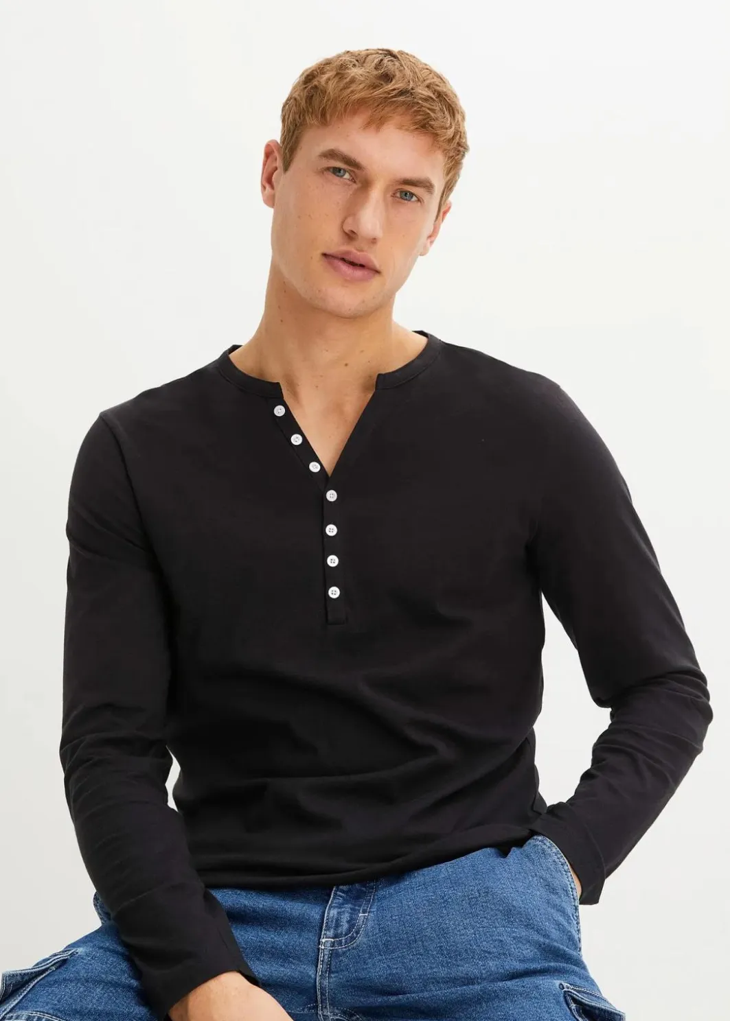 Herren bonprix Große Größen|Shirts & Polos|Langarm-Henleyshirt aus reiner Bio-Baumwolle, Slim Fit