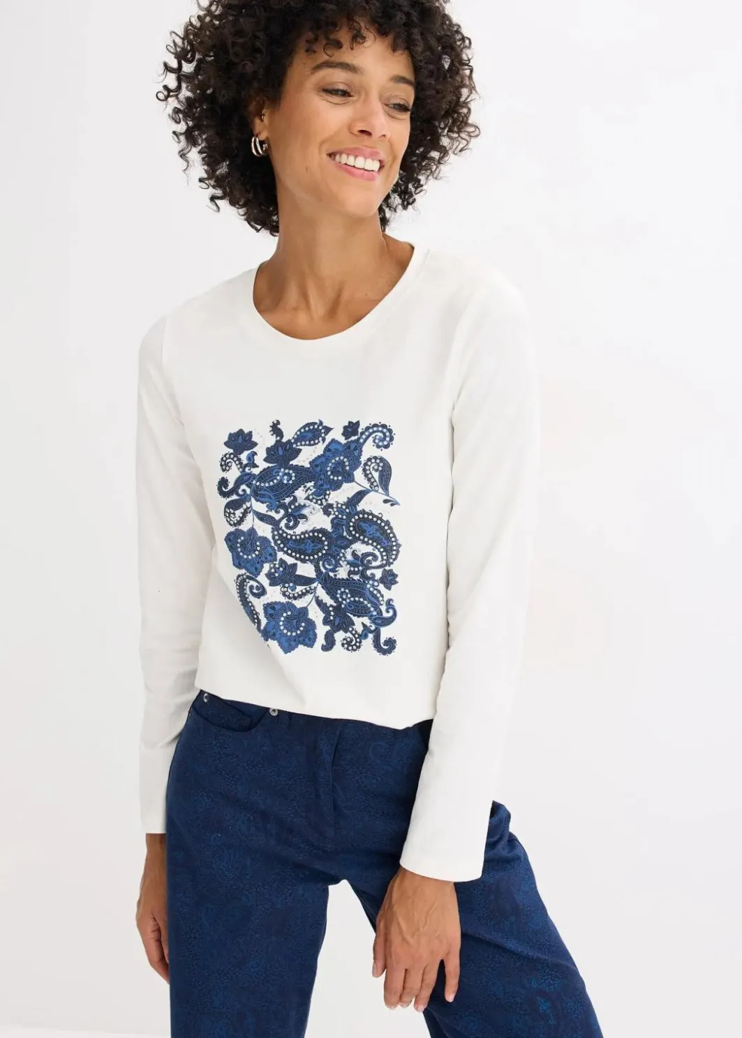 Damen bonprix Nachhaltigere Materialien|Shirts & Tops|Langarmshirt aus Bio-Baumwolle mit dekorativem Print