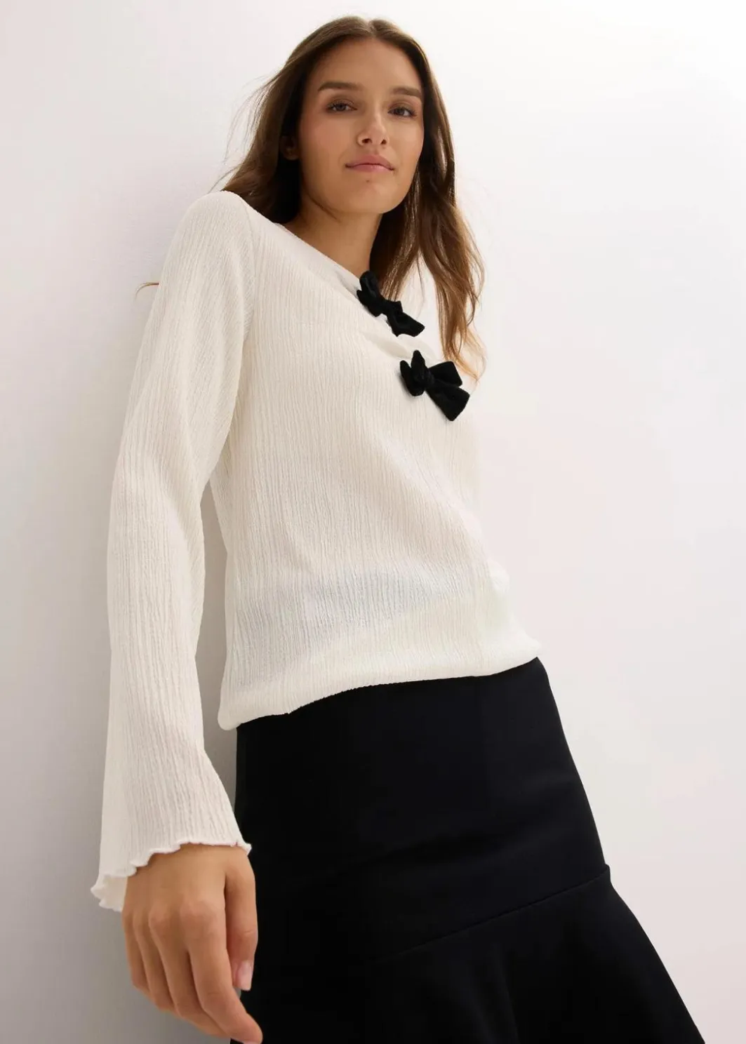 Damen bonprix Shirts & Tops|Langarmshirt aus strukturiertem Crêpe