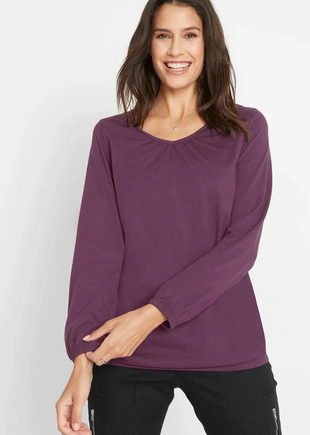 Damen bonprix Shirts & Tops|Nachhaltigere Materialien|Langarmshirt mit Gummizug aus reiner Baumwolle