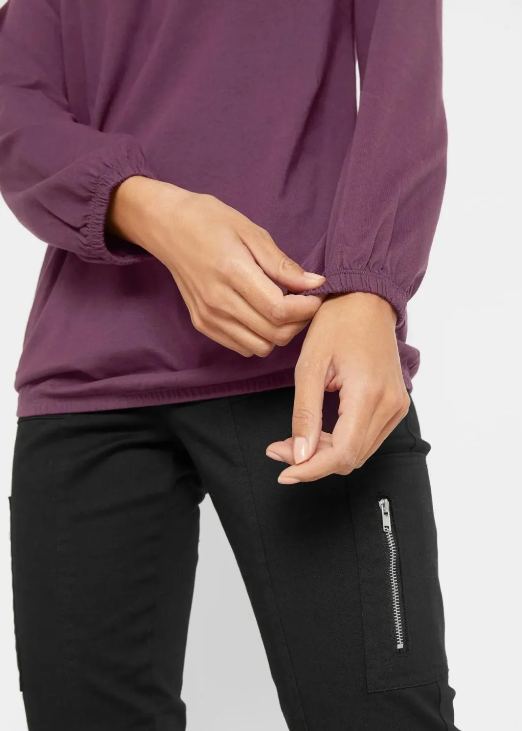 Damen bonprix Shirts & Tops|Nachhaltigere Materialien|Langarmshirt mit Gummizug aus reiner Baumwolle