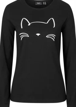 Hot Langarmshirt mit Katzendruck Damen Nachhaltigere Materialien|Shirts & Tops
