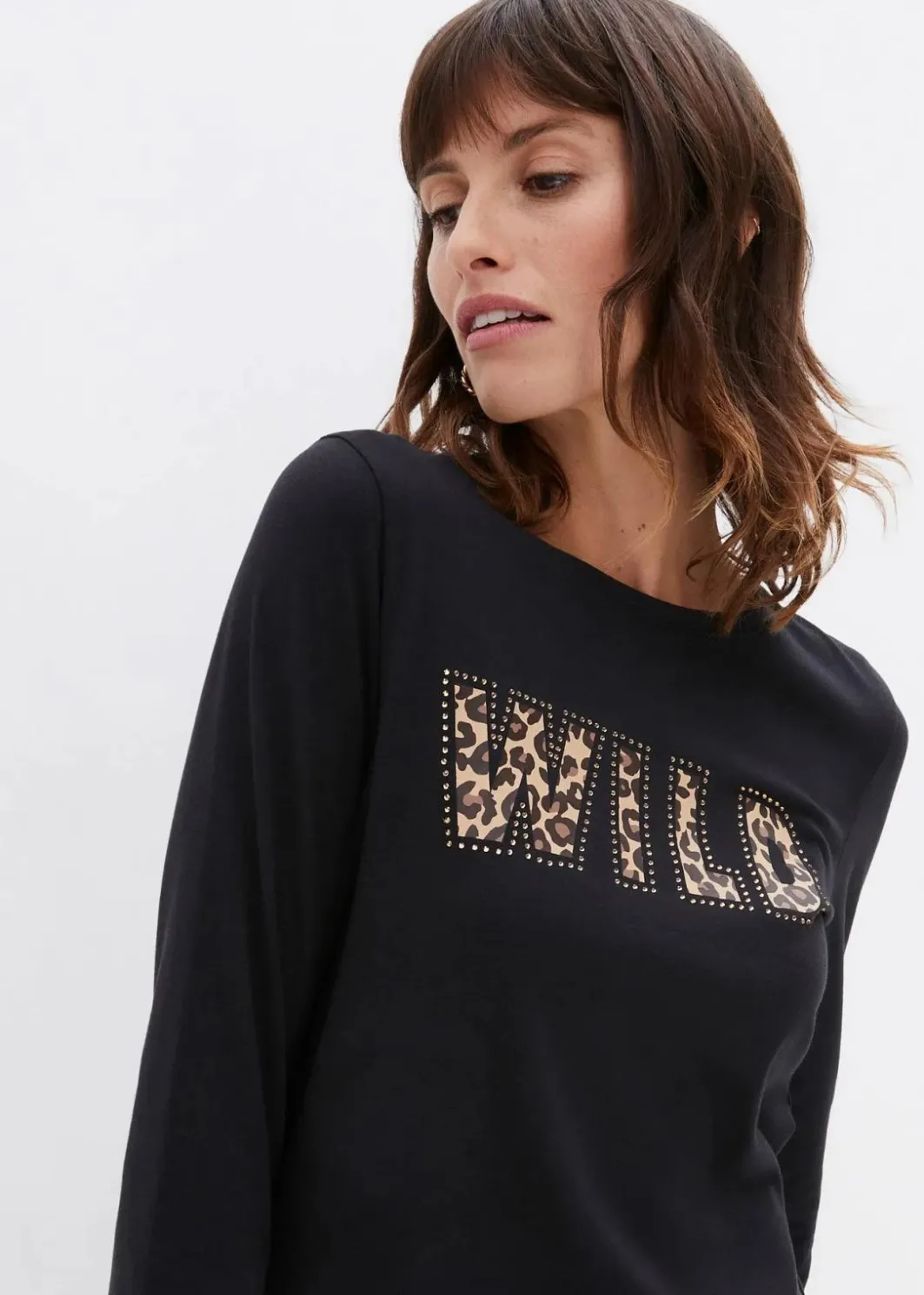 Damen bonprix Shirts & Tops|Langarmshirt mit Nieten und Druck