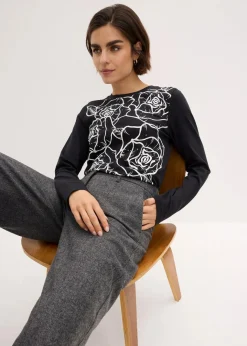 Damen bonprix Shirts & Tops|Langarmshirt mit Rosendruck