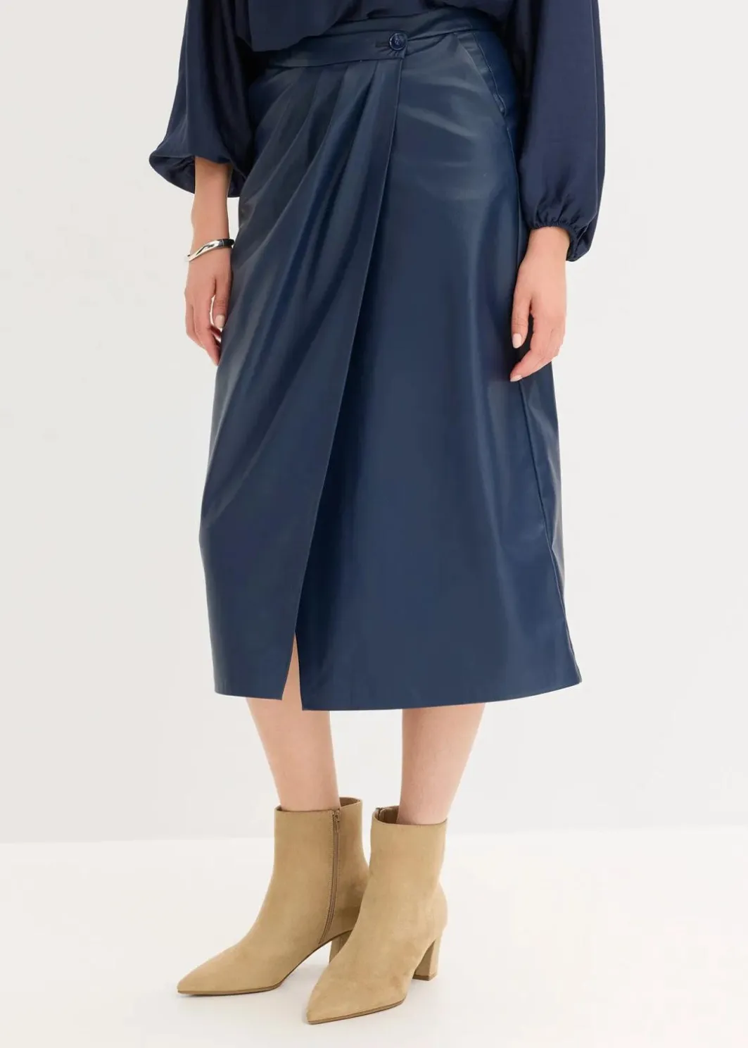 Damen bonprix Bekleidung·Sportbekleidung|Röcke|Lederimitat Midi-Wickelrock