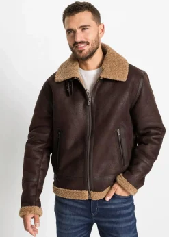Herren bonprix Jacken & Mäntel|Große Größen|Lederimitat-Jacke mit Teddyfutter