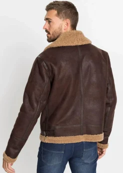 Herren bonprix Jacken & Mäntel|Große Größen|Lederimitat-Jacke mit Teddyfutter