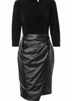 Damen bonprix Kleider|Bekleidung·Pullover & Strickjacken|Lederimitat-Kleid mit Jersey-Oberteil
