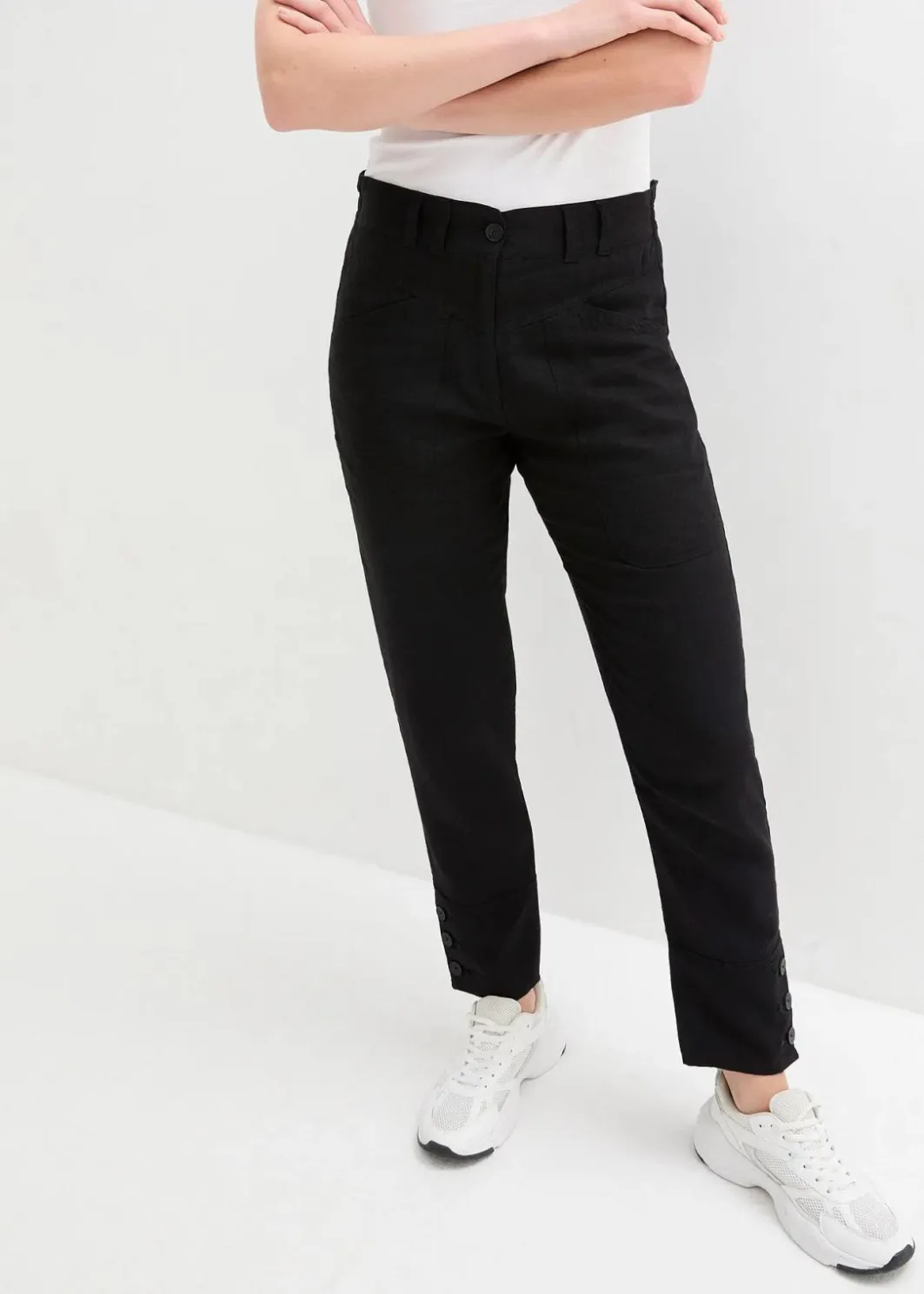 New Leinenhose mit Taschendetails und Knöpfen am Saum Damen Bekleidung·Kleider|Hosen