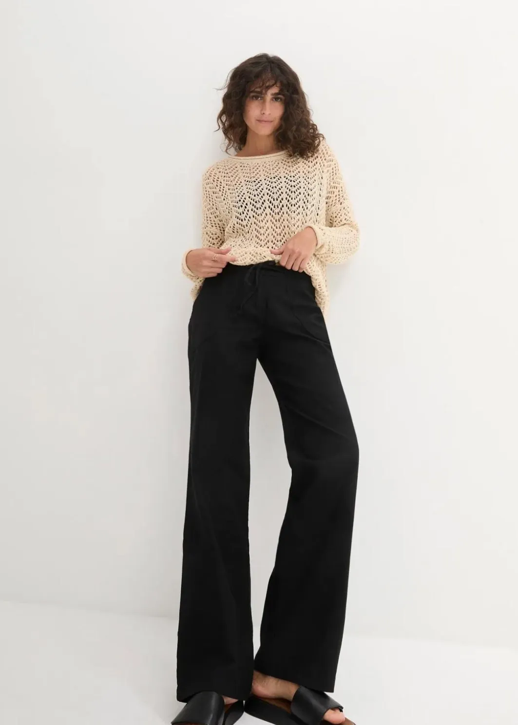 Damen bonprix Kurzgrößen|Bekleidung·Kleider|Leinen-Hose mit weitem Bein