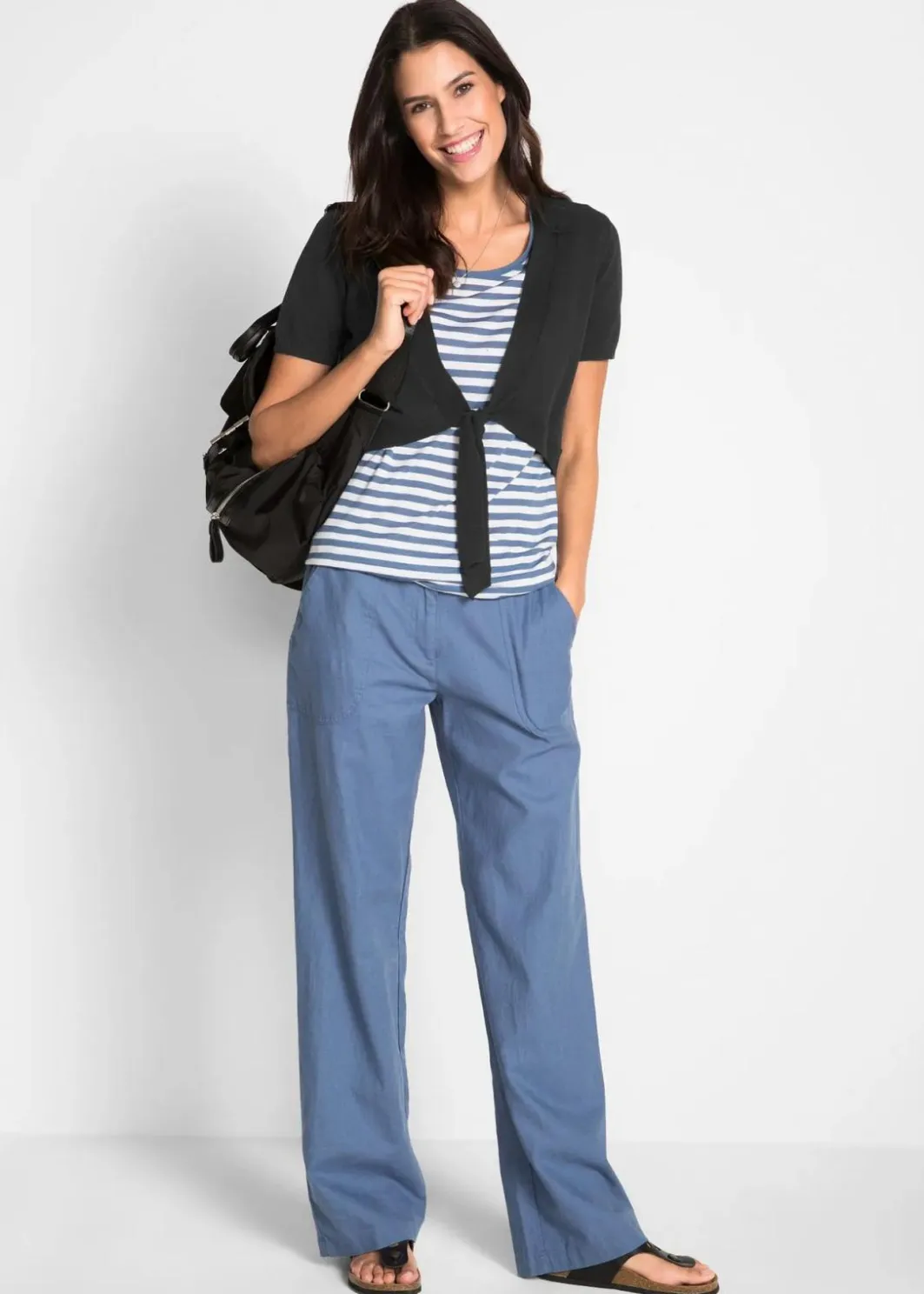 Damen bonprix Kurzgrößen|Hosen|Leinen-Hose mit weitem Bein