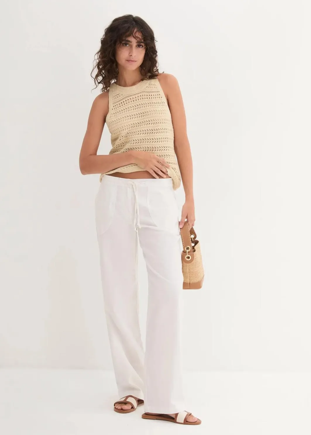 Damen bonprix Kurzgrößen|Bekleidung·Kleider|Leinen-Hose mit weitem Bein