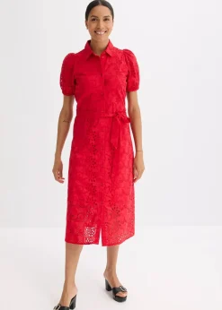 Discount Lochstickerei-Blusenkleid aus reiner Baumwolle Damen Kleider