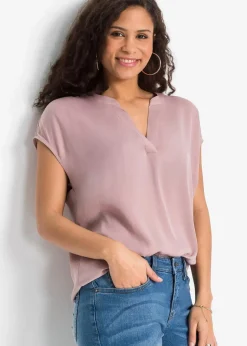 Damen bonprix Nachhaltigere Materialien|Blusen & Tuniken|Lockere Satin-Kurzarmtunika mit überschnittenen Schultern