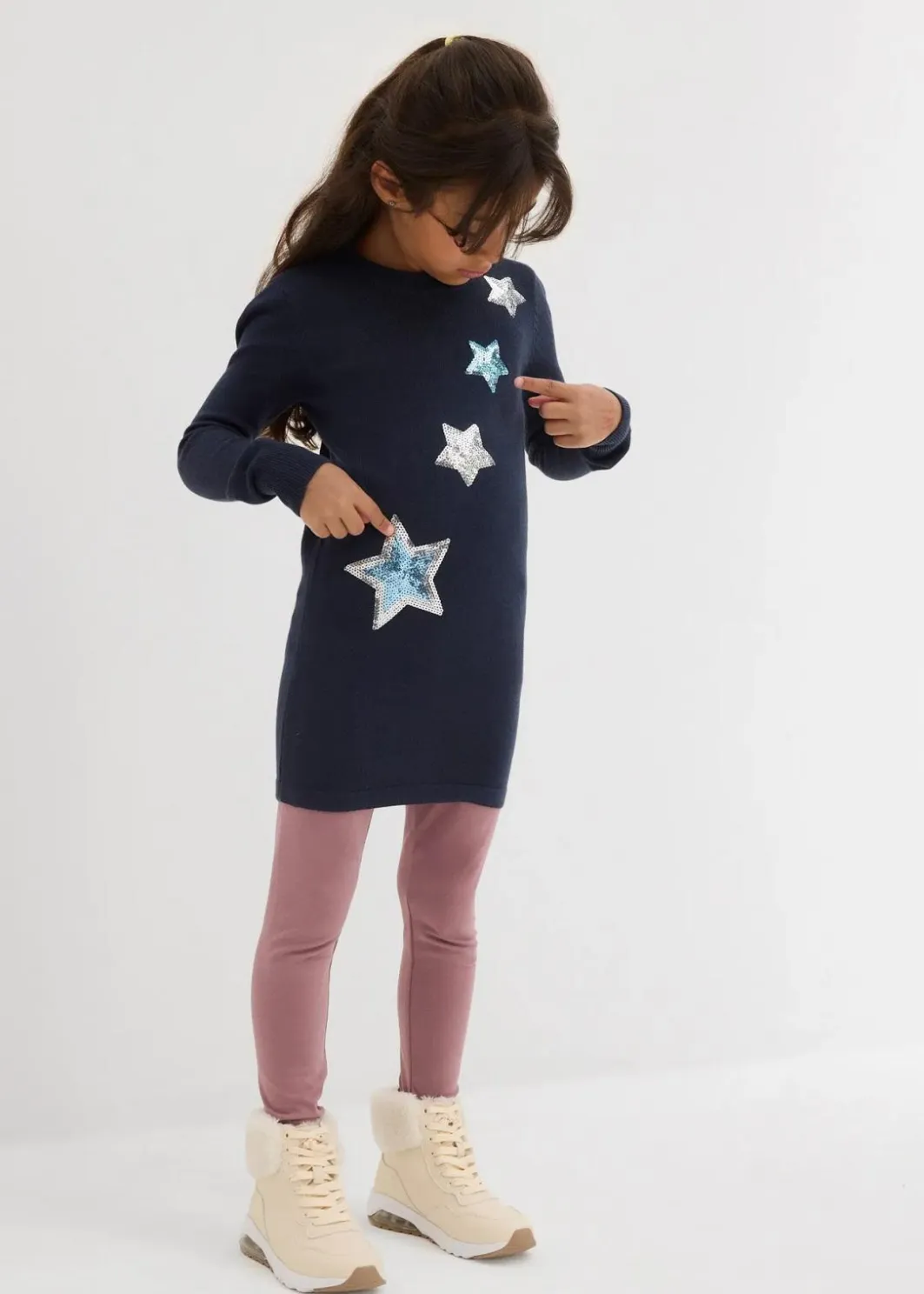 Kinder bonprix Mädchen 2-8 Jahre·Sweat & Strick|Long-Feinstrickpullover mit Pailletten