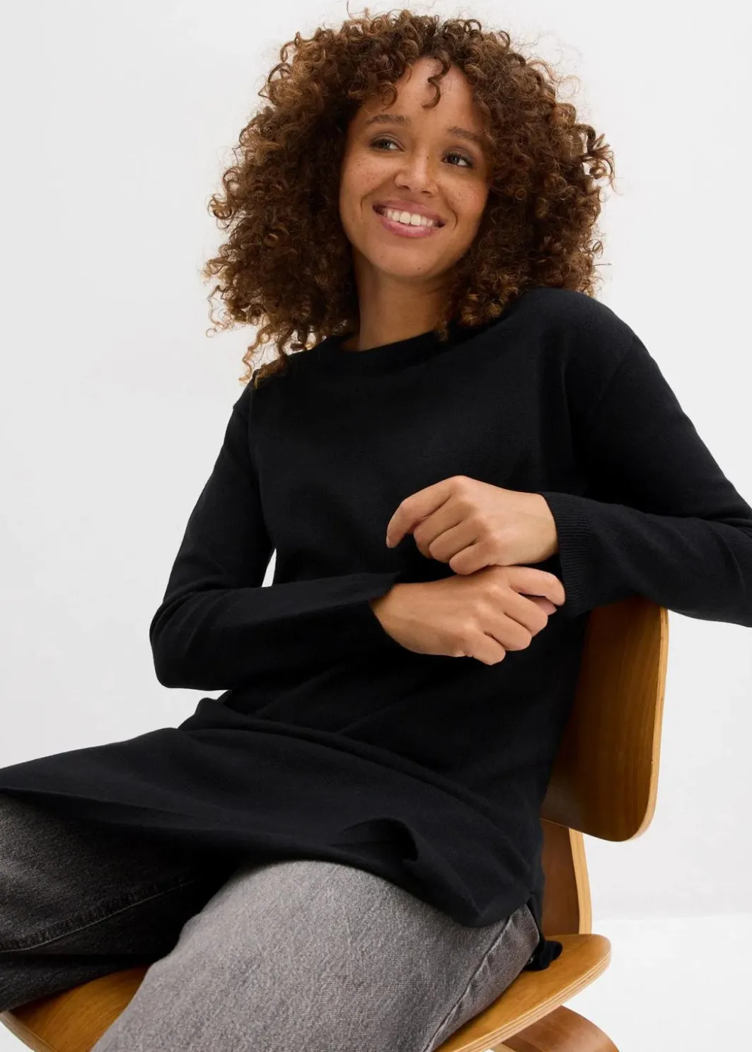 Damen bonprix Strickmode|Pullover & Strickjacken|Longpullover mit recycelter Baumwolle