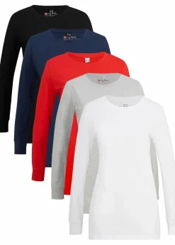Damen bonprix Shirts & Tops|Basics|Longshirt mit Rundhalsausschnitt, Langarm (5er Pack)