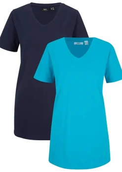 Discount Longshirt mit V-Ausschnitt (2er Pack) Damen Basics|Bekleidung·Röcke
