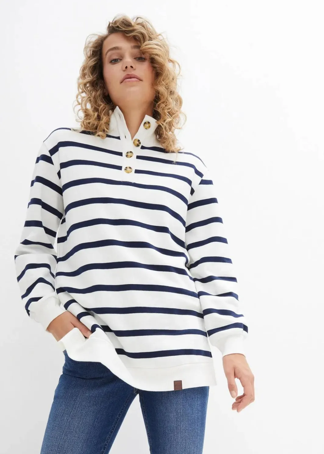 Damen bonprix Sweat|Bekleidung·Blusen & Tuniken|Longsweatshirt mit Troyer-Kragen