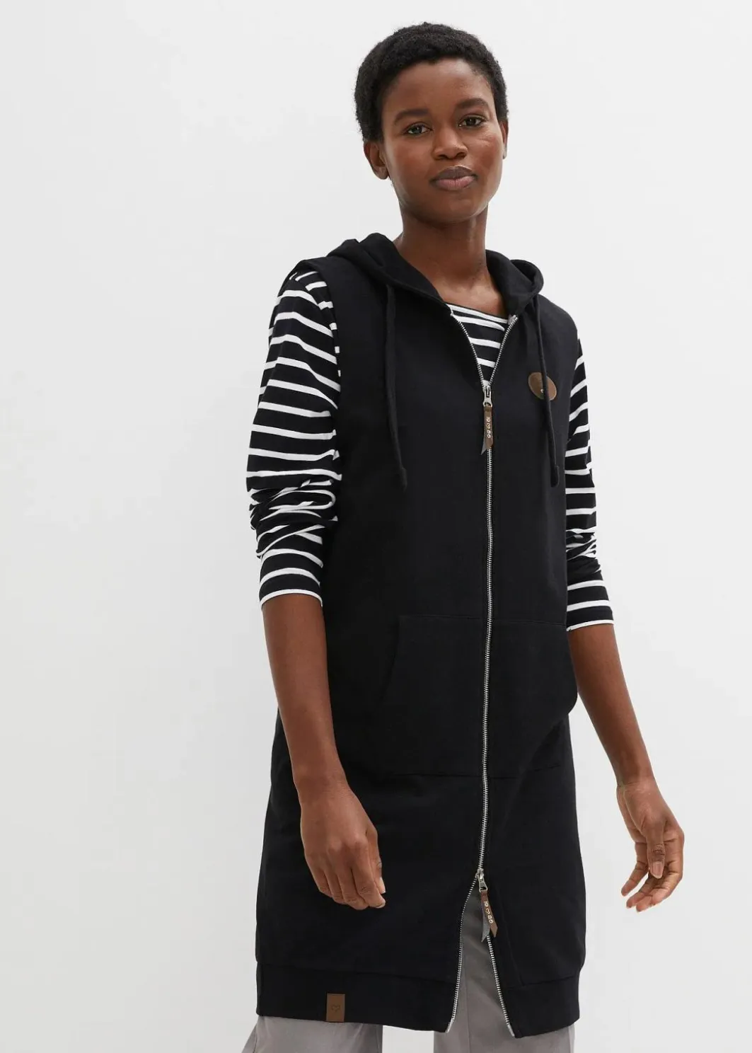 Damen bonprix Bekleidung·Blusen & Tuniken|Bekleidung·Hosen|Long-Sweatweste mit Kapuze aus Baumwoll-Mix