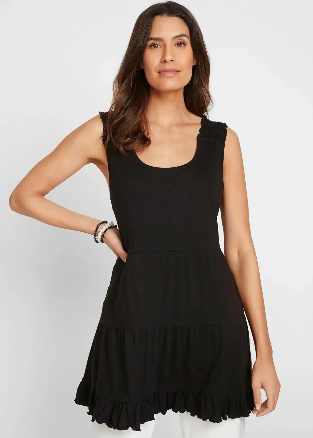 Damen bonprix Nachhaltigere Materialien|Shirts & Tops|Long-Top mit Volants und breiten Trägern