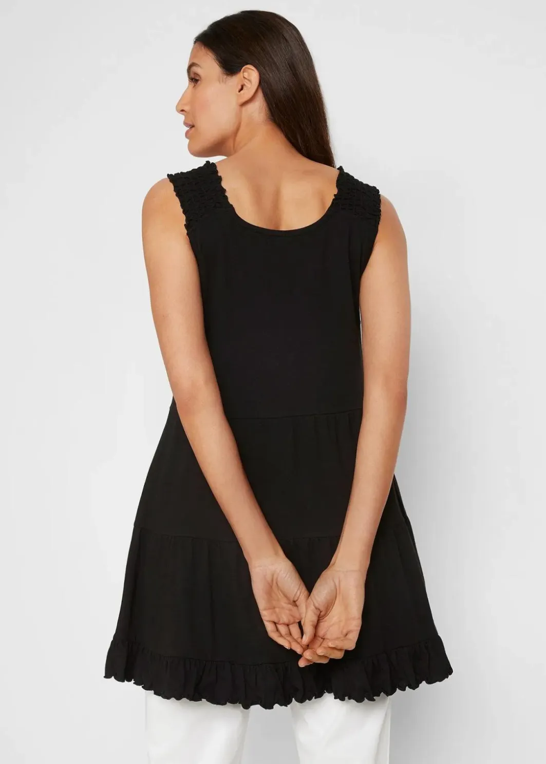 Damen bonprix Nachhaltigere Materialien|Shirts & Tops|Long-Top mit Volants und breiten Trägern