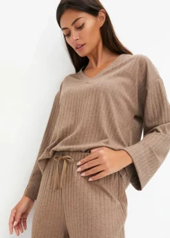 Damen bonprix Wäsche·Homewear|Wäsche·Nachtwäsche|Loungewear Hausanzug mit weitem Bein aus weicher Rippe