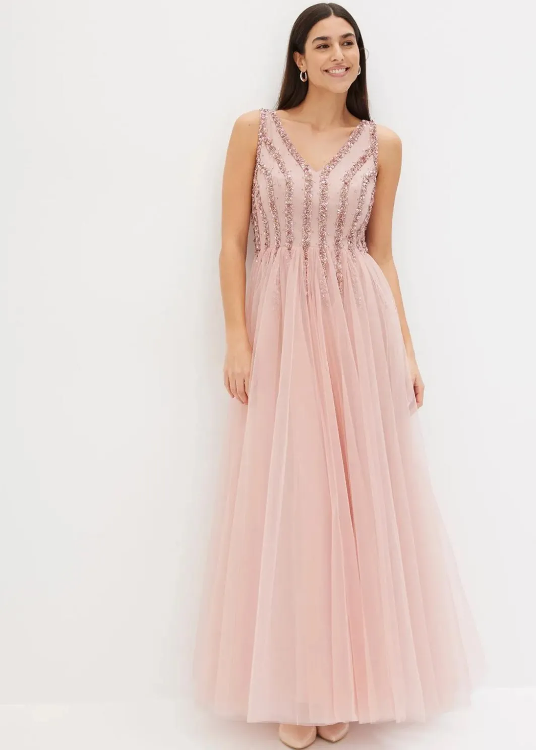 Outlet Maxikleid aus feinem Tüll mit Paillettenstickerei Damen Kleider|Festliche Mode